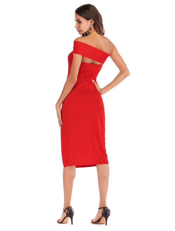 Women's Clothing Dresses | Red Party Wrap Dresses One Shoulder Bodycon Dresses Sexy Midi Wrap Dresses - TH66087
