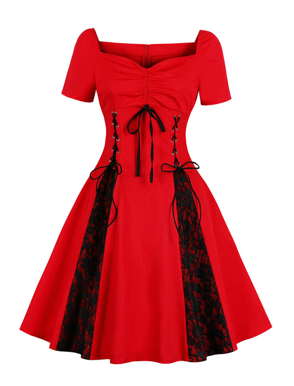 Moda Mujer Vestidos | Vestido corto rojo de manga corta de encaje con cordones de encaje hasta dos tonos vestido oscilante - TU61699