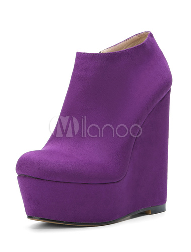 botines mujer Morado de tacón de cuña de puntera de forma de almendra 15cm  Cuero con apariencia suave Primavera Otoño Color liso Cremallera -  Milanoo.com