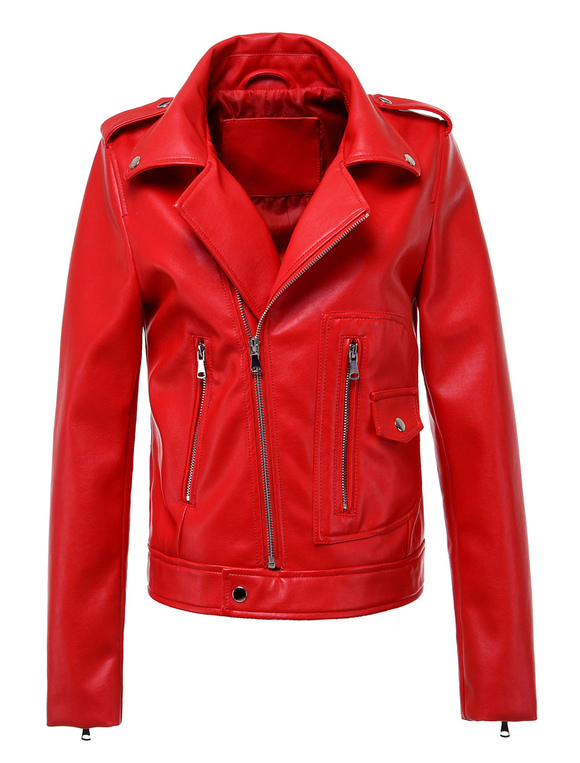 Moda Mujer Chaquetas | Chaqueta Moto roja de cuero como cremallera Chaqueta motera con bolsillos - QI47371