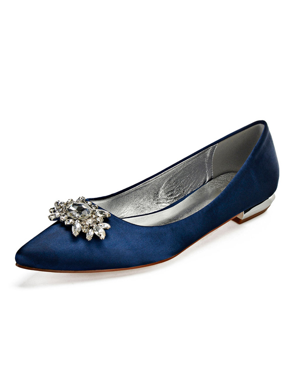 Zapatos de Fiesta | Zapatos de novia de satén 2cm Zapatos de Fiesta Zapatos Azul marino oscuro   Plana Zapatos de boda de puntera puntiaguada con pedrería - LB60823