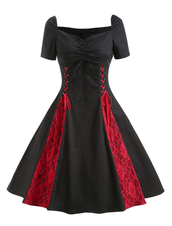 Moda Mujer Vestidos | Vestido retro negro de la década de 1950 de manga corta con cordones en dos tonos vestido retro - MU13271