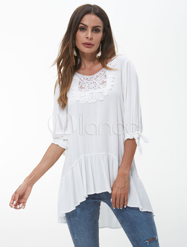 half sleeve high low white blouse