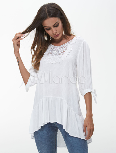 half sleeve high low white blouse