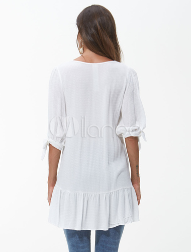 half sleeve high low white blouse