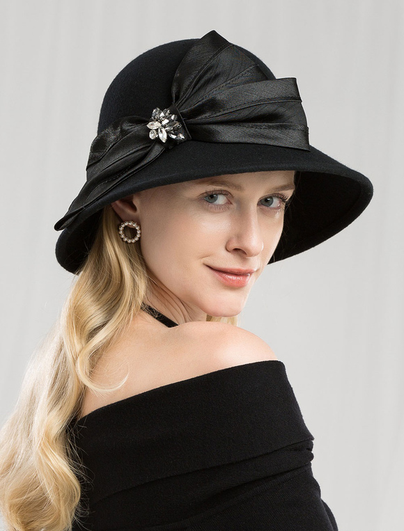Retro Wool Cloche Hat Women Vintage Felt Cap Bows Royal Hair