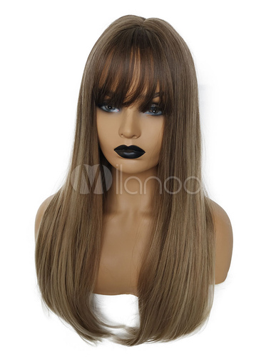 ブラウンヘアウィッグレディース 21 レイヤード ロングストレート 合成ウィッグ前髪付き Milanoo Jp