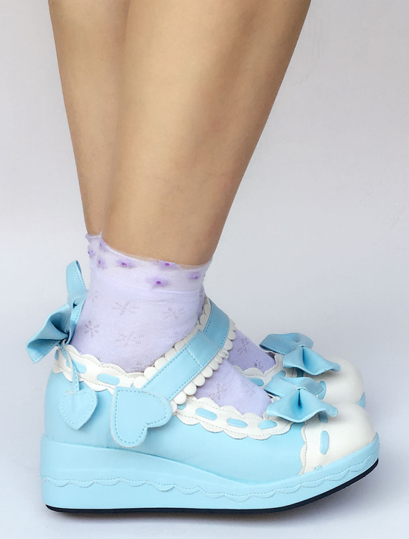 Costumes Lolita | Sweet Lolita Shoes Light Sky Blue Bow Wedge Ankle Strap Round Toe Lolita Pumps - MI59148