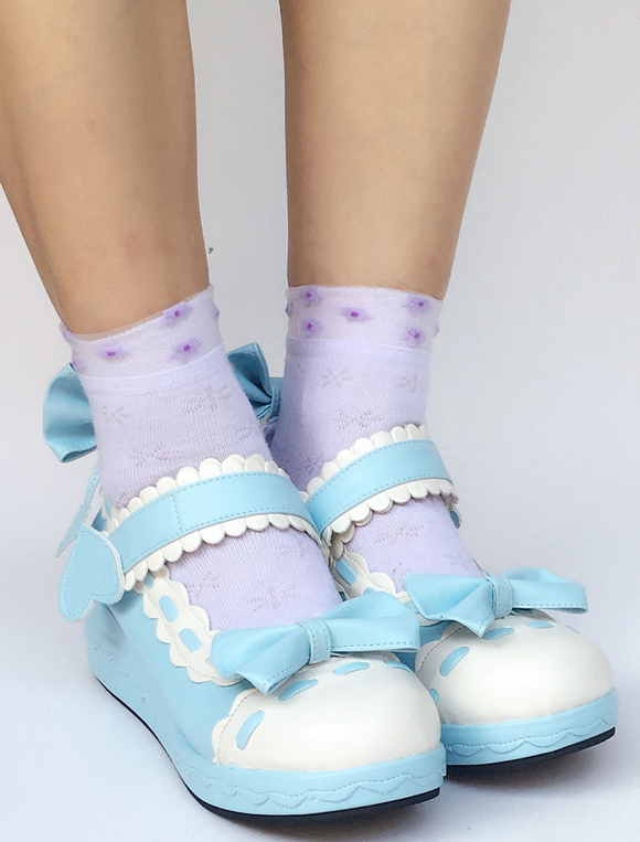 Costumes Lolita | Sweet Lolita Shoes Light Sky Blue Bow Wedge Ankle Strap Round Toe Lolita Pumps - MI59148