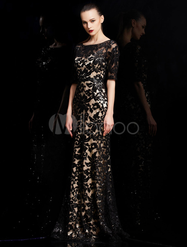Shining Sequin Embroidery Sheer Illusion Half Sleeves Evening Dress in ...