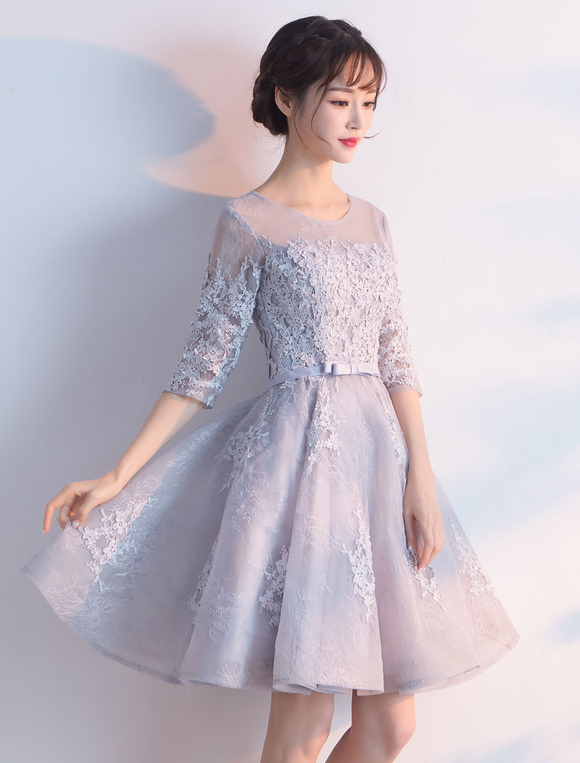 Wedding & Events Occasion Dresses | Light Grey Short Floral Print Homecoming Dress 2022 Lace Half Sleeve A Line Bow Sash Knee Le