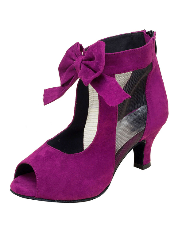 Burgundy Dance Shoes Women's Peep Toe Spool Heel Suede Bows Ballroom