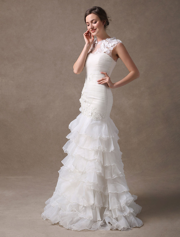 Boda Vestidos de novia | Vestido de novia de organza con escote redondo y flor Milanoo - SR32042