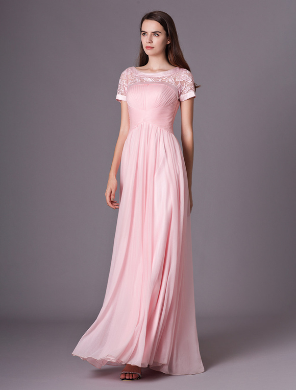 Scoop Neck Short Sleeves Ruched Shot-Silk Pink Elegant Bridesmaid Dress ...