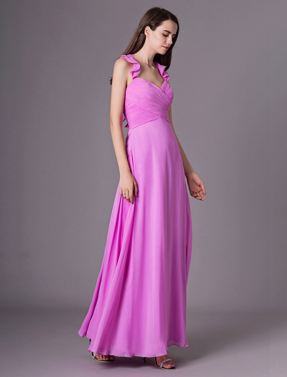 Fuchsia Pink Halter Bridesmaid Dress Ruffles A Line Floor Length ...