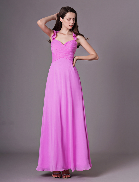 Fuchsia Pink Halter Bridesmaid Dress Ruffles A Line Floor Length ...