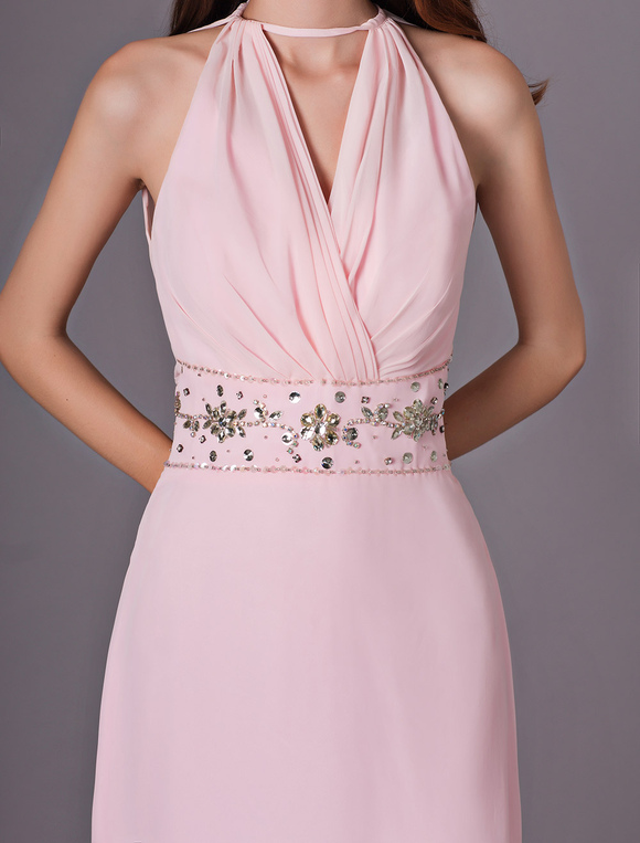 Mariage Robes de soirée pour mariage | Robe demoiselle honneur en chiffon rose avec perle de col V longueur genou - OA33658