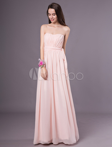 Blush Pink Peach Bridesmaid Dress Strapless Bow Sash Chiffon Maxi Prom ...