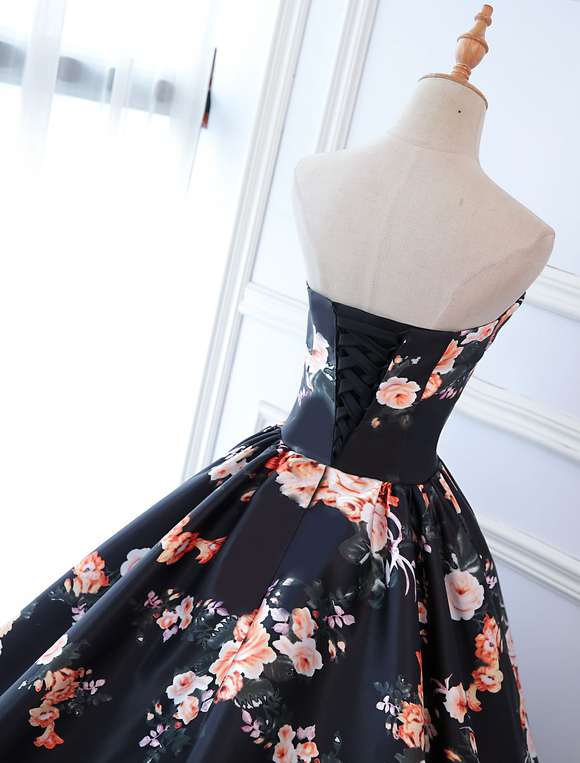 Quinceanera Dresses Floral Print Dark Navy Satin Strapless Sweetheart ...