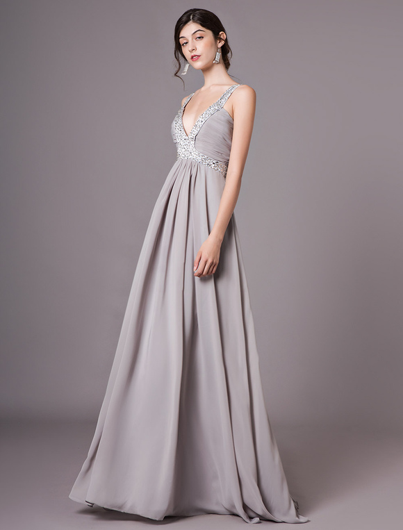 Silver Pleated V-Neck Beaded Applique Chiffon Maxi Evening Dress ...