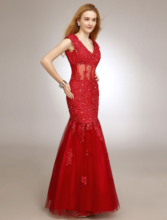 Red Prom Dresses 2020 Long Mermaid Evening Dress V Neck Beaded Applique ...