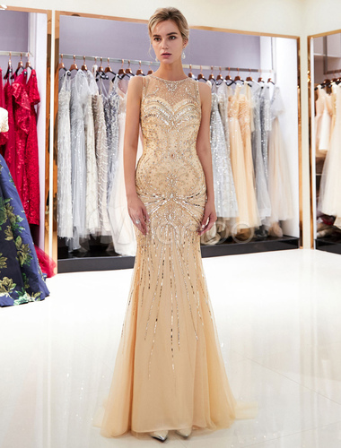 Mermaid Evening Dresses Light Gold Beaded Prom Dress Sleeveless