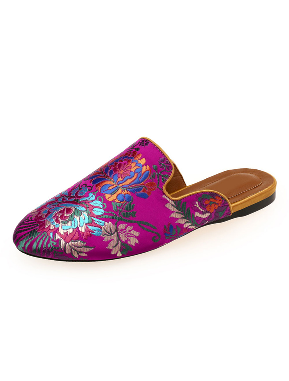 Women Mule Loafers Satin Ethnic Round Toe Floral Embroidered Flat Mules ...