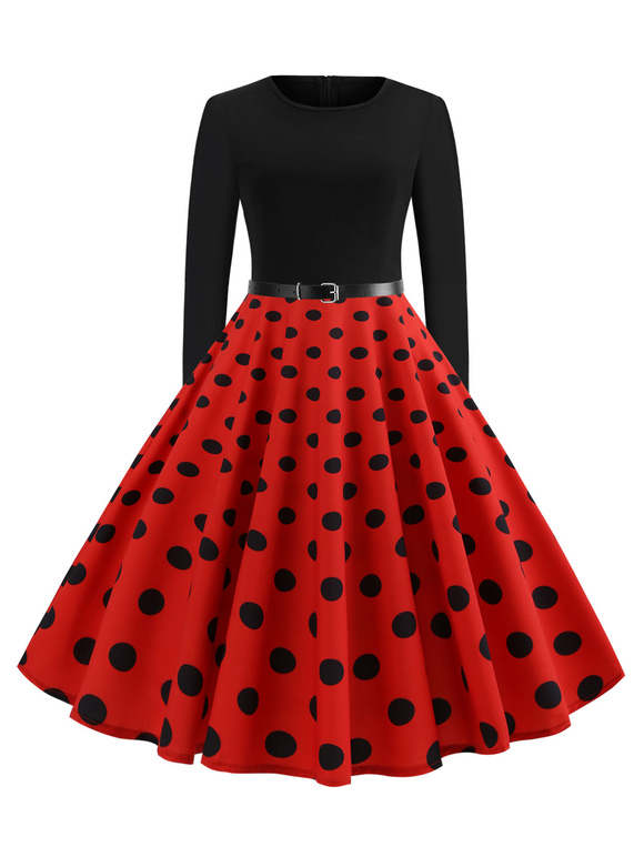 Women's Clothing Dresses | Red Polka Dot Vintage Dress 1950S Long Sleeves Round Neck Rockabilly Dresses Swing Retro Dress - PB04928