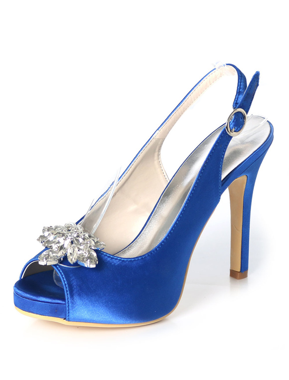 Silver Wedding Shoes Satin Peep Toe Rhinestones High Heel Bridal Shoes ...