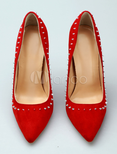 Rotes Kleid Schuhe Wolle spitze Zehennieten Slip On Pumps Damen High Heels Rotes Kleid Schuhe Wolle spitze Zehennieten Slip On Pumps Damen High Heels