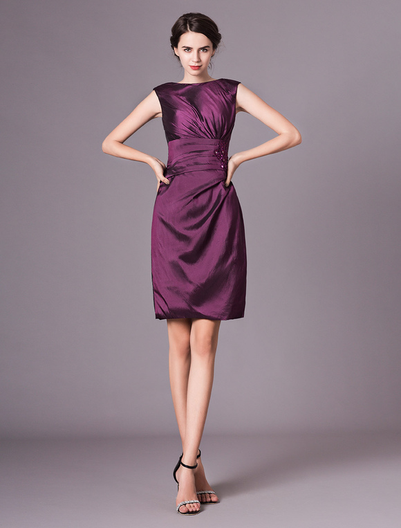 Mother Of The Bride Dress Short Plum Taffeta Sheath Wedding Guest