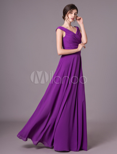 Abiti da damigella d'onore lavanda lungo abito in chiffon con scollo a V  senza maniche increspato da cerimonia nuziale - Milanoo.com