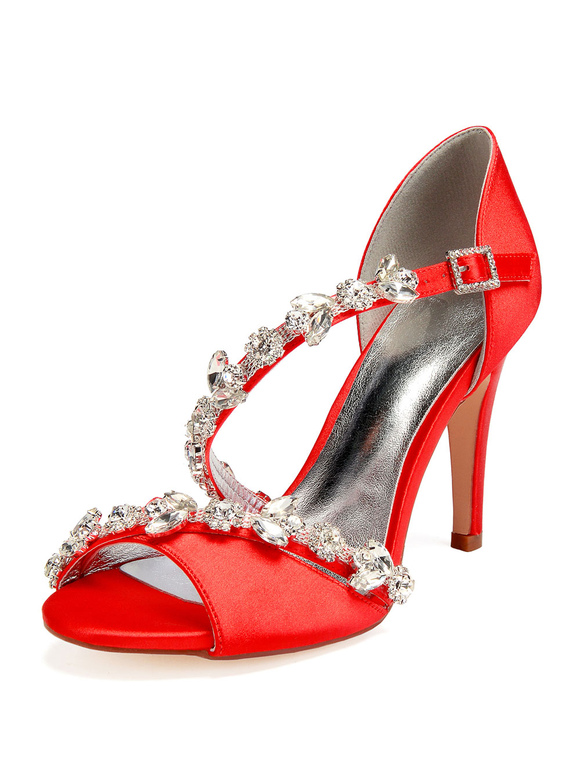 Zapatos de Fiesta | Zapatos de novia de satén 10.5cm Zapatos de Fiesta Zapatos rojode tacón de stiletto Zapatos de boda de punter Peep Toe con pedrería - YB63132