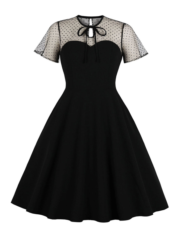 Moda Mujer Vestidos | Vestido vintage negro 2022 Vestido de verano de los años 50 Polka Dot Vestido de fiesta con cuello redondo y manga corta - PD22272