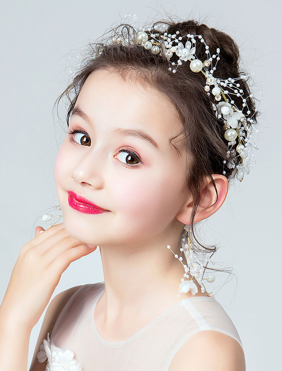 Wedding & Events Wedding Accessories | Flower Girl Headpieces Set Ivory Earrings Headband Pearls Kids Hair Accessories - MH47073