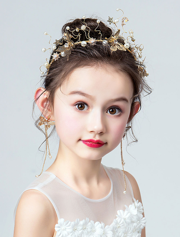 Flower Girl Headpieces Gold Earrings Headband Kids Hair Accessories
