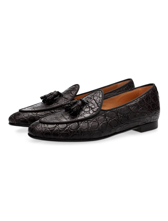 Zapatos de hombre | Hombres, mocasines negros, piel de vaca, punta redonda, patrón de piedra, deslizamiento en zapatos con borlas - IO06783