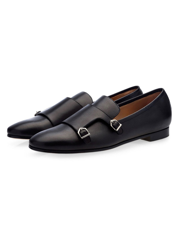 Zapatos de hombre | Hombres holgazanes de piel de vaca punta redonda hebilla detalle Slip en los zapatos zapatos de vestir negros - WF51792
