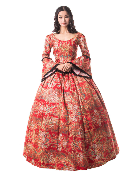 Costumes Costumes | Victorian Dress Costume Women's Ture Red Trumpet long Sleeves Ruffle Floral Print Victorian Era Style Set Vi