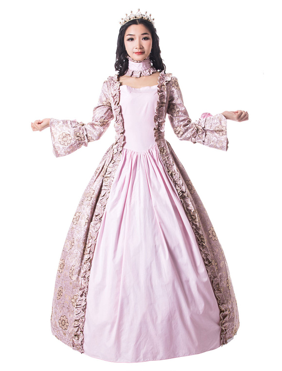 Costumes Costumes | Victorian Dress Costume Women's Light Pink Trumpet Long Sleeves Ruffle Floral Print Ball Gown Victorian Era 