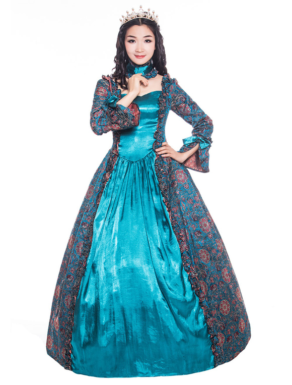 Costumes Costumes | Victorian Dress Costume Women's Cyan blue Long Sleeves Square Neckline Flower Print Ball Gown with Choker Vi