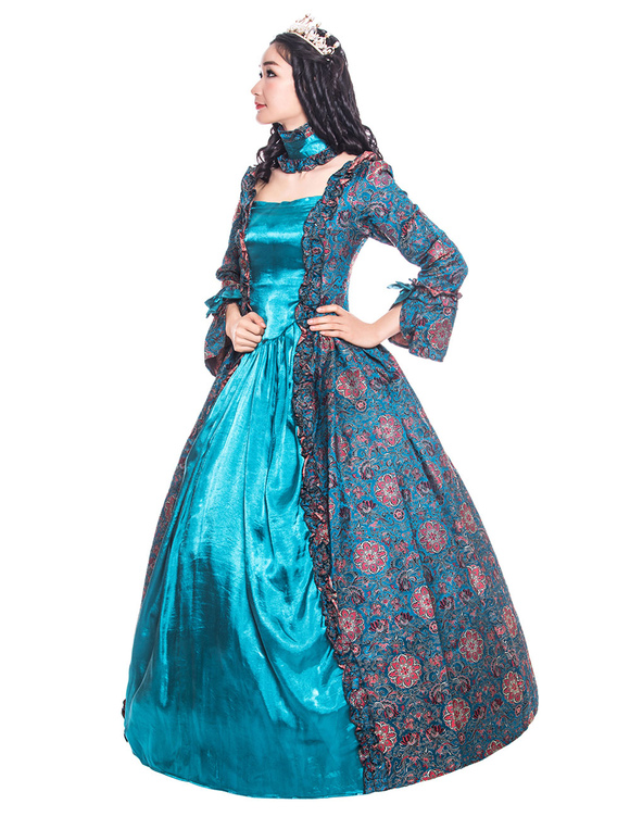 Costumes Costumes | Victorian Dress Costume Women's Cyan blue Long Sleeves Square Neckline Flower Print Ball Gown with Choker Vi