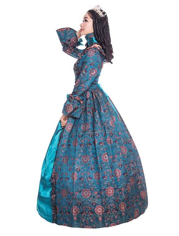 Costumes Costumes | Victorian Dress Costume Women's Cyan blue Long Sleeves Square Neckline Flower Print Ball Gown with Choker Vi