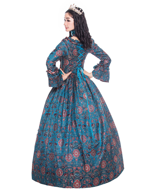 Costumes Costumes | Victorian Dress Costume Women's Cyan blue Long Sleeves Square Neckline Flower Print Ball Gown with Choker Vi