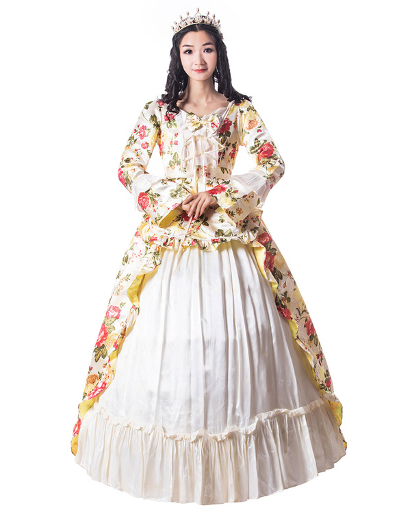 Costumes Costumes | Victorian Dress Costume Women's White Trumpet Long Sleeves Square Neckline Flower Print Victorian era Style 