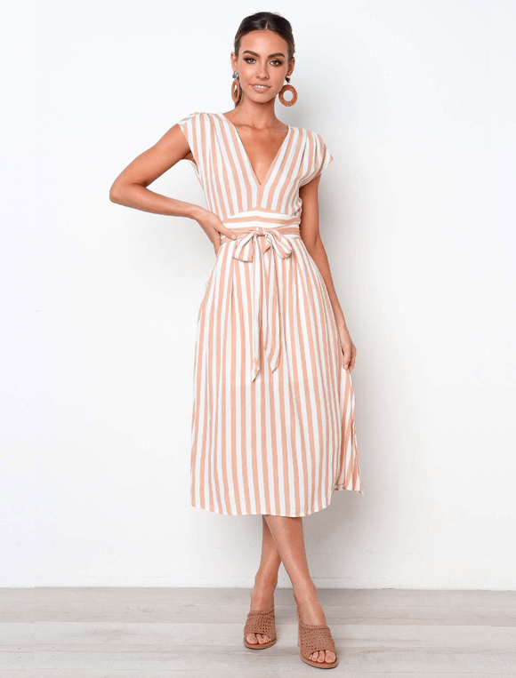 Striped Summer Dresses Plunging Cap Sleeve Tie Waist Long Dress ...