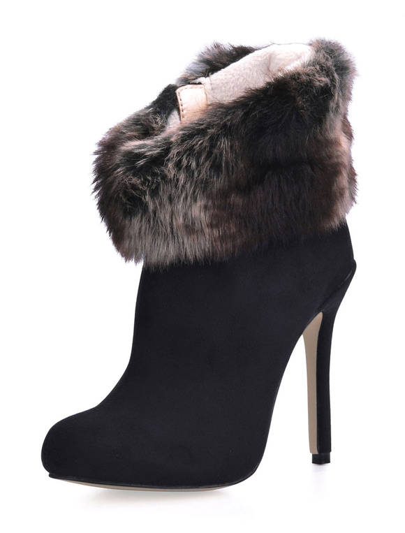 Elegant Black Furry Trim Stretch Satin Sanding Woman's High Heel ...