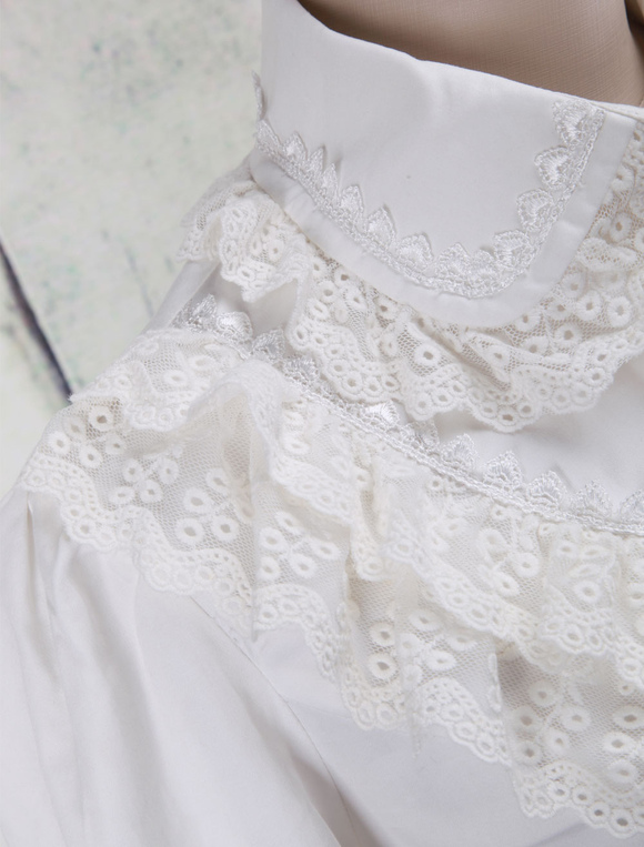 White Cotton Lolita Blouse Long Sleeves Lace Trim Turn-down Collar ...