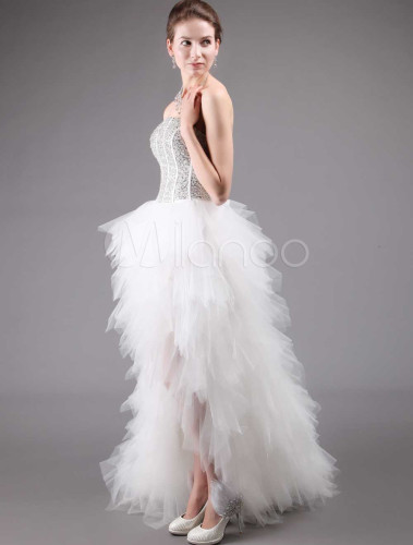 Fashion Strapless White Front Short Back Long Bridal Wedding Dress ...