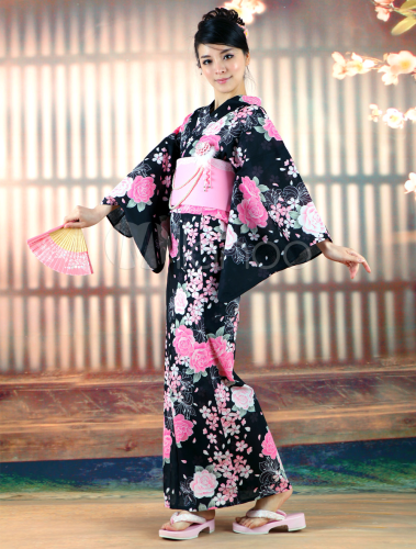 Classic Black Sakura Print Kimono - Milanoo.com